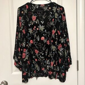 Express Floral Kimono Sleeve Tie Front Top